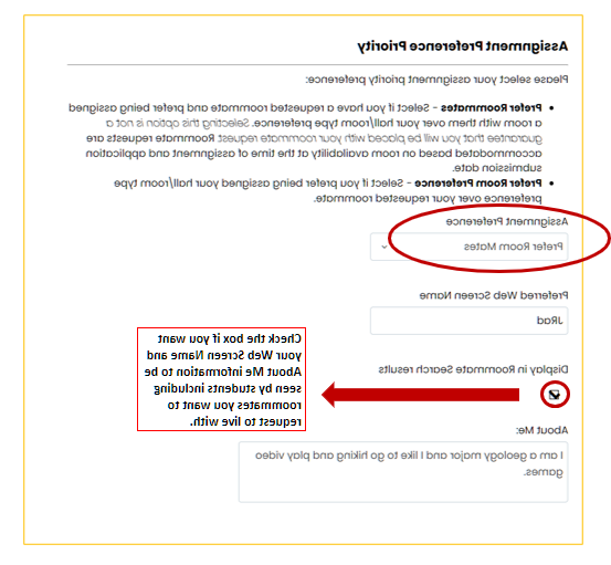 Assignment preference. 如果你想让你的网络屏幕名和澳门新葡京博彩我的信息被学生看到，包括你想要一起生活的室友，请勾选这个框.​