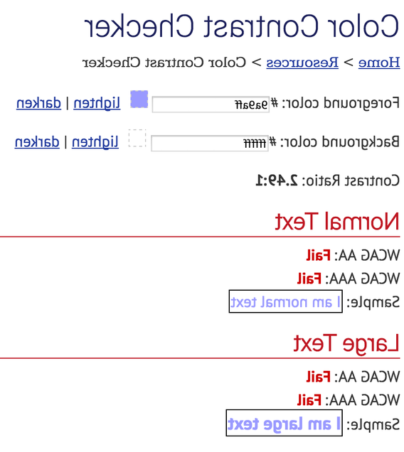 Failed color contrast checker results