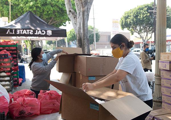 Volunteer with boxes at food distribution