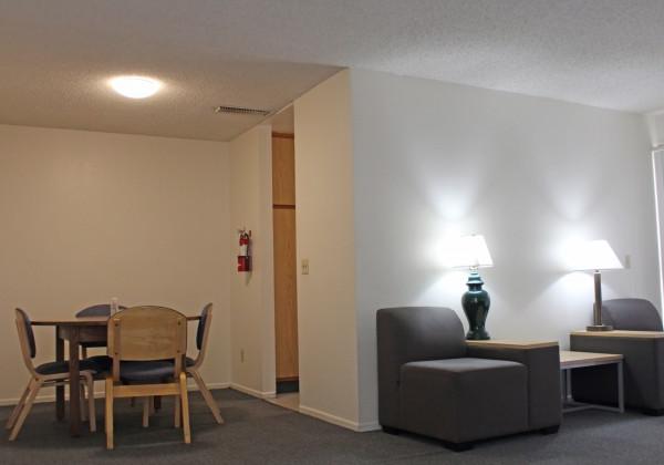 a kitchen table and living room chairs, and lamps.