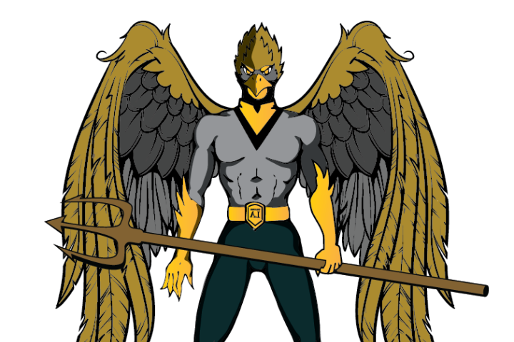 Winged superhero holding a pitchfork.